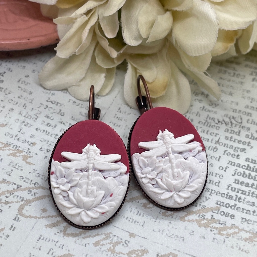 Elegant Red And White Dragonfly Earrings Cameo Jewelry Wedding Gift Birthday